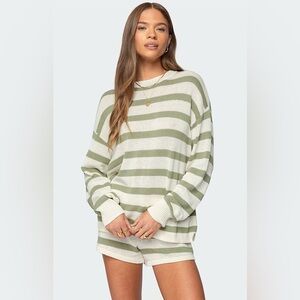 Edikted Amaris oversized striped knit sweater in an olive green and cream color